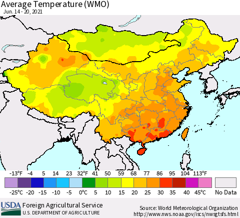 China, Mongolia and Taiwan Average Temperature (WMO) Thematic Map For 6/14/2021 - 6/20/2021