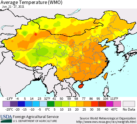 China, Mongolia and Taiwan Average Temperature (WMO) Thematic Map For 6/21/2021 - 6/27/2021