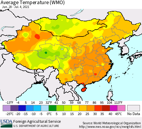 China, Mongolia and Taiwan Average Temperature (WMO) Thematic Map For 6/28/2021 - 7/4/2021