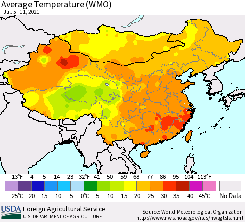 China, Mongolia and Taiwan Average Temperature (WMO) Thematic Map For 7/5/2021 - 7/11/2021