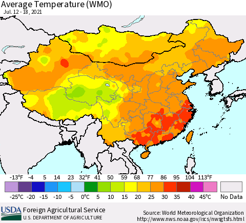 China, Mongolia and Taiwan Average Temperature (WMO) Thematic Map For 7/12/2021 - 7/18/2021
