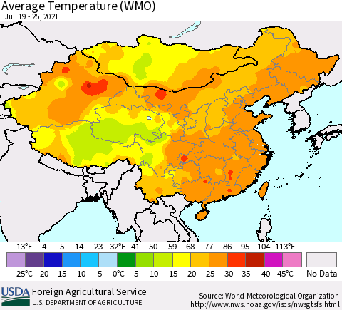 China, Mongolia and Taiwan Average Temperature (WMO) Thematic Map For 7/19/2021 - 7/25/2021