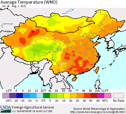 China, Mongolia and Taiwan Average Temperature (WMO) Thematic Map For 7/26/2021 - 8/1/2021