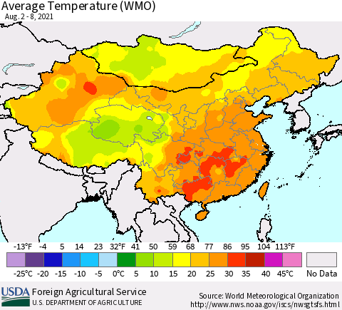 China, Mongolia and Taiwan Average Temperature (WMO) Thematic Map For 8/2/2021 - 8/8/2021