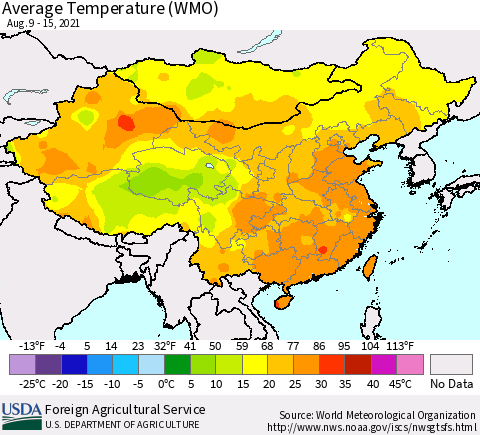 China, Mongolia and Taiwan Average Temperature (WMO) Thematic Map For 8/9/2021 - 8/15/2021