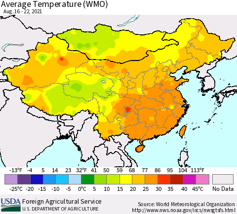 China, Mongolia and Taiwan Average Temperature (WMO) Thematic Map For 8/16/2021 - 8/22/2021