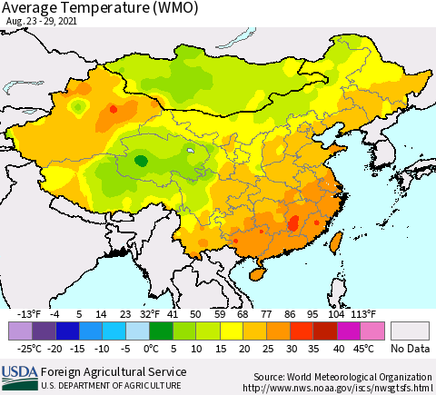 China, Mongolia and Taiwan Average Temperature (WMO) Thematic Map For 8/23/2021 - 8/29/2021