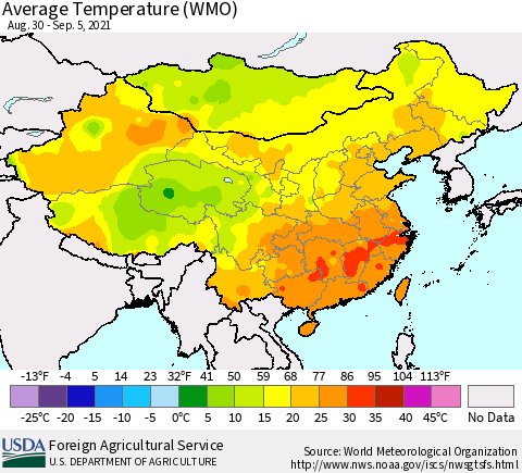 China, Mongolia and Taiwan Average Temperature (WMO) Thematic Map For 8/30/2021 - 9/5/2021