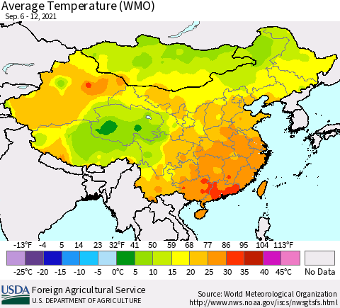 China, Mongolia and Taiwan Average Temperature (WMO) Thematic Map For 9/6/2021 - 9/12/2021