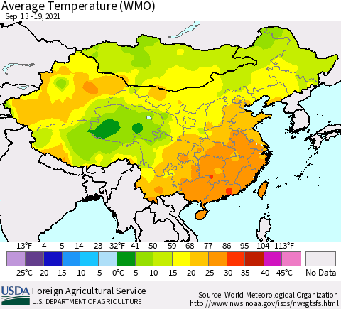 China, Mongolia and Taiwan Average Temperature (WMO) Thematic Map For 9/13/2021 - 9/19/2021