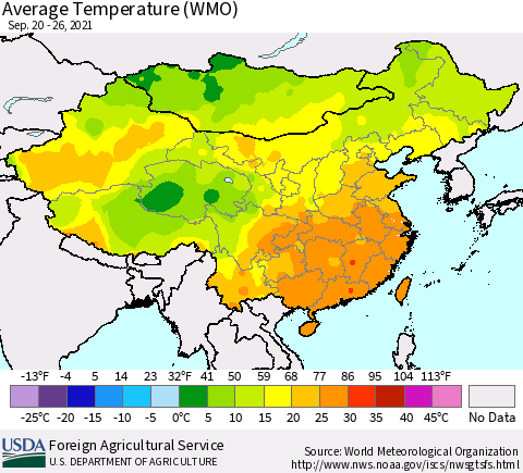 China, Mongolia and Taiwan Average Temperature (WMO) Thematic Map For 9/20/2021 - 9/26/2021