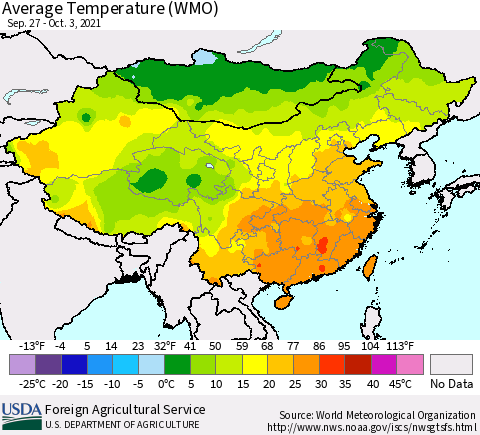 China, Mongolia and Taiwan Average Temperature (WMO) Thematic Map For 9/27/2021 - 10/3/2021