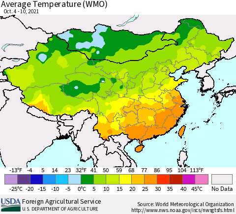 China, Mongolia and Taiwan Average Temperature (WMO) Thematic Map For 10/4/2021 - 10/10/2021