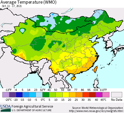 China, Mongolia and Taiwan Average Temperature (WMO) Thematic Map For 10/11/2021 - 10/17/2021
