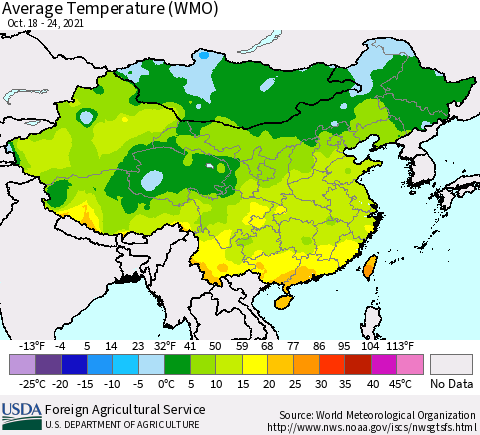China, Mongolia and Taiwan Average Temperature (WMO) Thematic Map For 10/18/2021 - 10/24/2021