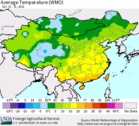China, Mongolia and Taiwan Average Temperature (WMO) Thematic Map For 10/25/2021 - 10/31/2021