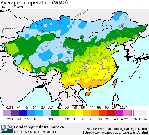 China, Mongolia and Taiwan Average Temperature (WMO) Thematic Map For 11/1/2021 - 11/7/2021