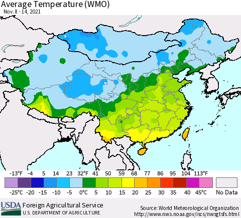 China, Mongolia and Taiwan Average Temperature (WMO) Thematic Map For 11/8/2021 - 11/14/2021