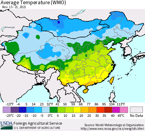 China, Mongolia and Taiwan Average Temperature (WMO) Thematic Map For 11/15/2021 - 11/21/2021
