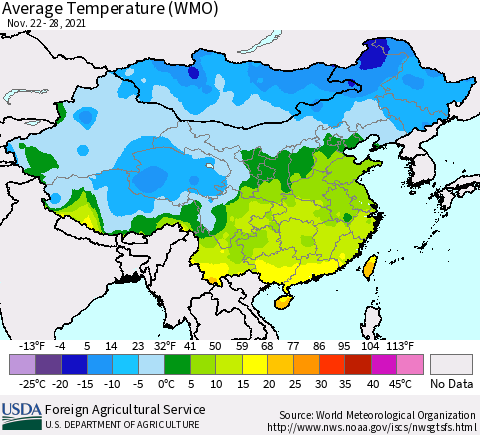 China, Mongolia and Taiwan Average Temperature (WMO) Thematic Map For 11/22/2021 - 11/28/2021