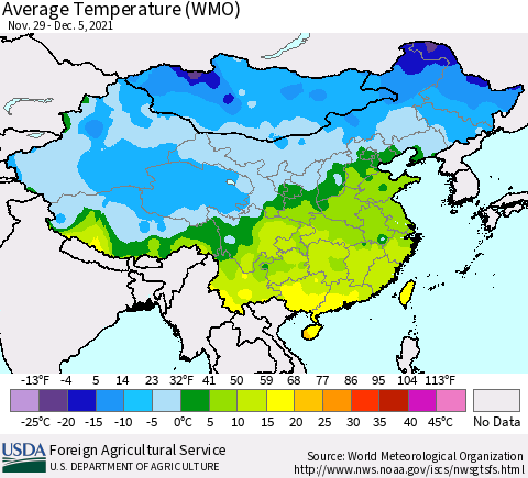 China, Mongolia and Taiwan Average Temperature (WMO) Thematic Map For 11/29/2021 - 12/5/2021