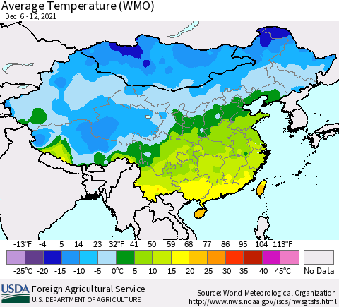 China, Mongolia and Taiwan Average Temperature (WMO) Thematic Map For 12/6/2021 - 12/12/2021