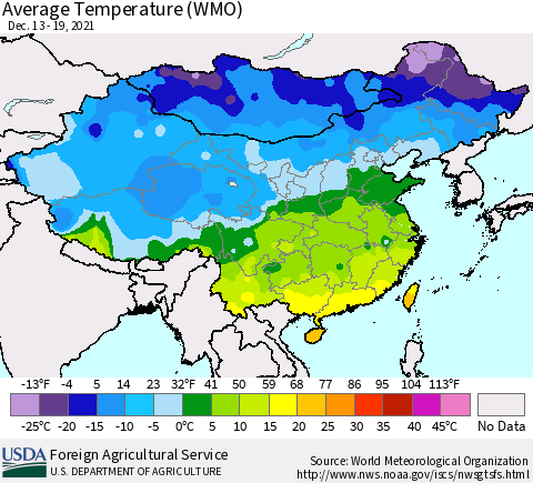China, Mongolia and Taiwan Average Temperature (WMO) Thematic Map For 12/13/2021 - 12/19/2021