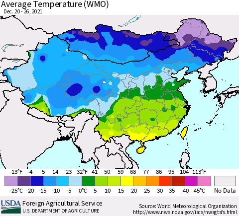 China, Mongolia and Taiwan Average Temperature (WMO) Thematic Map For 12/20/2021 - 12/26/2021