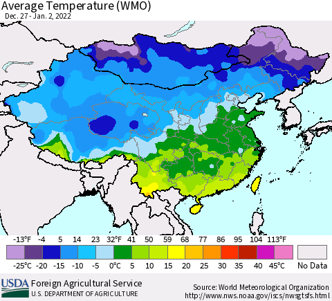 China, Mongolia and Taiwan Average Temperature (WMO) Thematic Map For 12/27/2021 - 1/2/2022