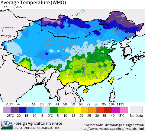 China, Mongolia and Taiwan Average Temperature (WMO) Thematic Map For 1/3/2022 - 1/9/2022