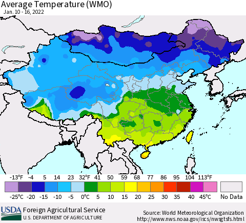 China, Mongolia and Taiwan Average Temperature (WMO) Thematic Map For 1/10/2022 - 1/16/2022