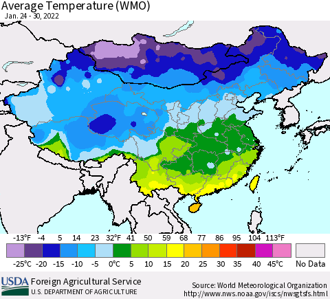 China, Mongolia and Taiwan Average Temperature (WMO) Thematic Map For 1/24/2022 - 1/30/2022