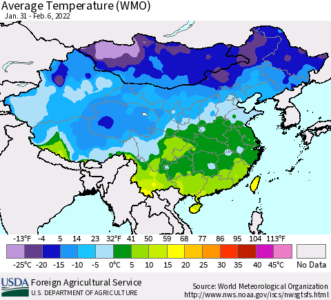 China, Mongolia and Taiwan Average Temperature (WMO) Thematic Map For 1/31/2022 - 2/6/2022