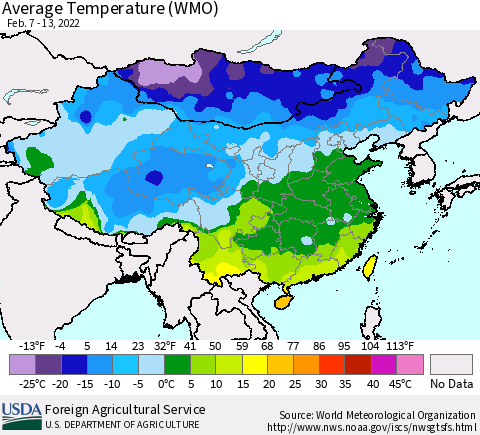 China, Mongolia and Taiwan Average Temperature (WMO) Thematic Map For 2/7/2022 - 2/13/2022
