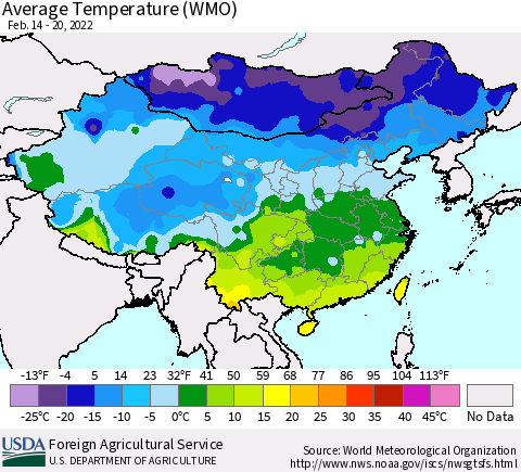 China, Mongolia and Taiwan Average Temperature (WMO) Thematic Map For 2/14/2022 - 2/20/2022