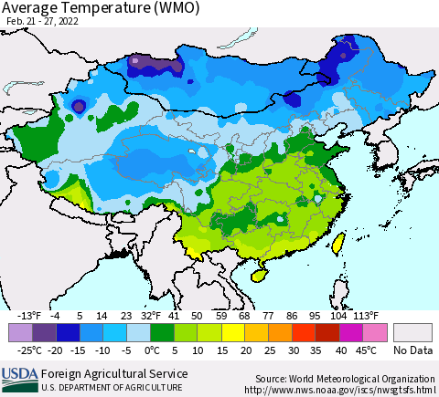 China, Mongolia and Taiwan Average Temperature (WMO) Thematic Map For 2/21/2022 - 2/27/2022