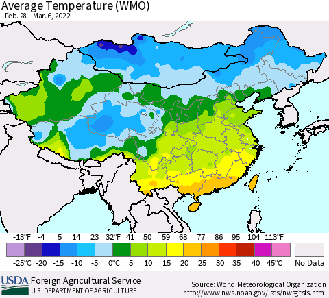 China, Mongolia and Taiwan Average Temperature (WMO) Thematic Map For 2/28/2022 - 3/6/2022