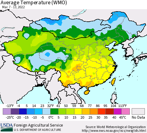 China, Mongolia and Taiwan Average Temperature (WMO) Thematic Map For 3/7/2022 - 3/13/2022