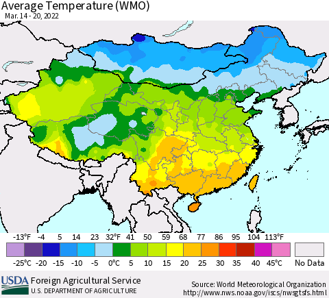 China, Mongolia and Taiwan Average Temperature (WMO) Thematic Map For 3/14/2022 - 3/20/2022