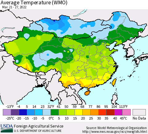 China, Mongolia and Taiwan Average Temperature (WMO) Thematic Map For 3/21/2022 - 3/27/2022