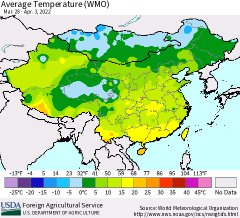 China, Mongolia and Taiwan Average Temperature (WMO) Thematic Map For 3/28/2022 - 4/3/2022