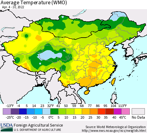 China, Mongolia and Taiwan Average Temperature (WMO) Thematic Map For 4/4/2022 - 4/10/2022