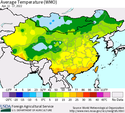 China, Mongolia and Taiwan Average Temperature (WMO) Thematic Map For 4/11/2022 - 4/17/2022