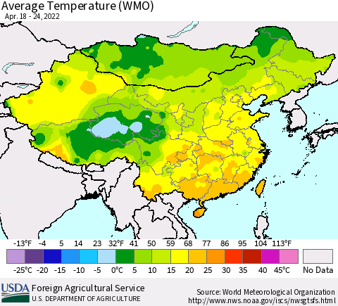 China, Mongolia and Taiwan Average Temperature (WMO) Thematic Map For 4/18/2022 - 4/24/2022