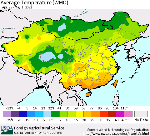 China, Mongolia and Taiwan Average Temperature (WMO) Thematic Map For 4/25/2022 - 5/1/2022