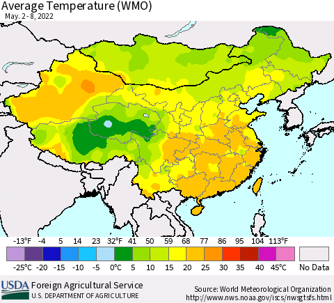 China, Mongolia and Taiwan Average Temperature (WMO) Thematic Map For 5/2/2022 - 5/8/2022