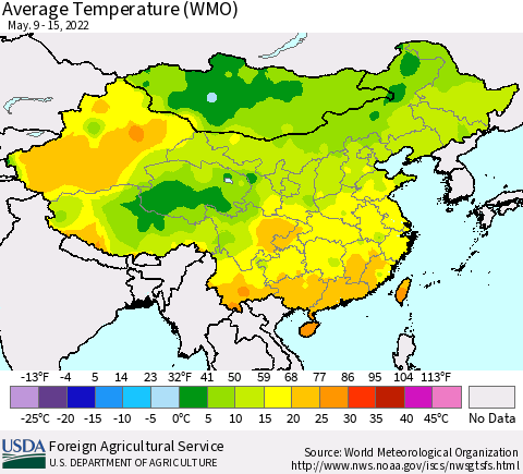 China, Mongolia and Taiwan Average Temperature (WMO) Thematic Map For 5/9/2022 - 5/15/2022