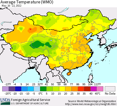 China, Mongolia and Taiwan Average Temperature (WMO) Thematic Map For 5/16/2022 - 5/22/2022