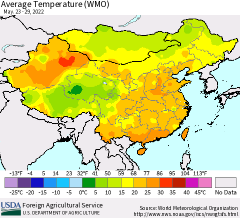 China, Mongolia and Taiwan Average Temperature (WMO) Thematic Map For 5/23/2022 - 5/29/2022