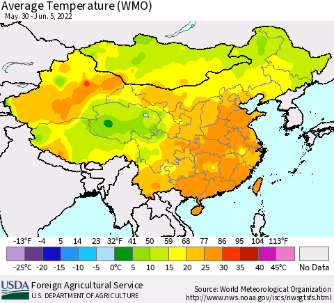 China, Mongolia and Taiwan Average Temperature (WMO) Thematic Map For 5/30/2022 - 6/5/2022